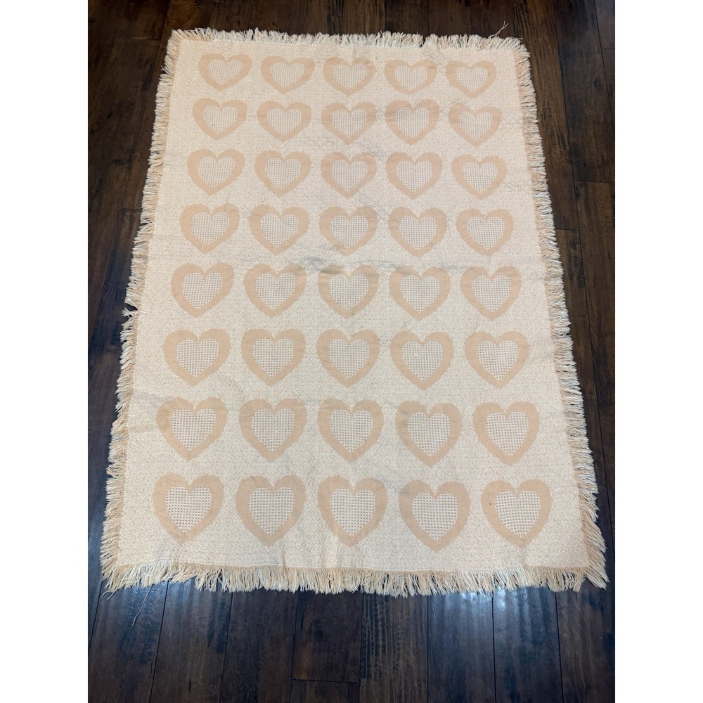 Vintage Tapestry Throw Blanket Pink White Hearts Country Chic Cottagecore